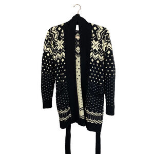 Hanna Andersson Belted Cardigan Sz XS Cotton Snowflake Black White Open Front